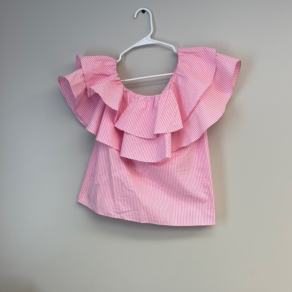 Lilly Pulitzer Pink and White Ruffled Off-Shoulder Blouse